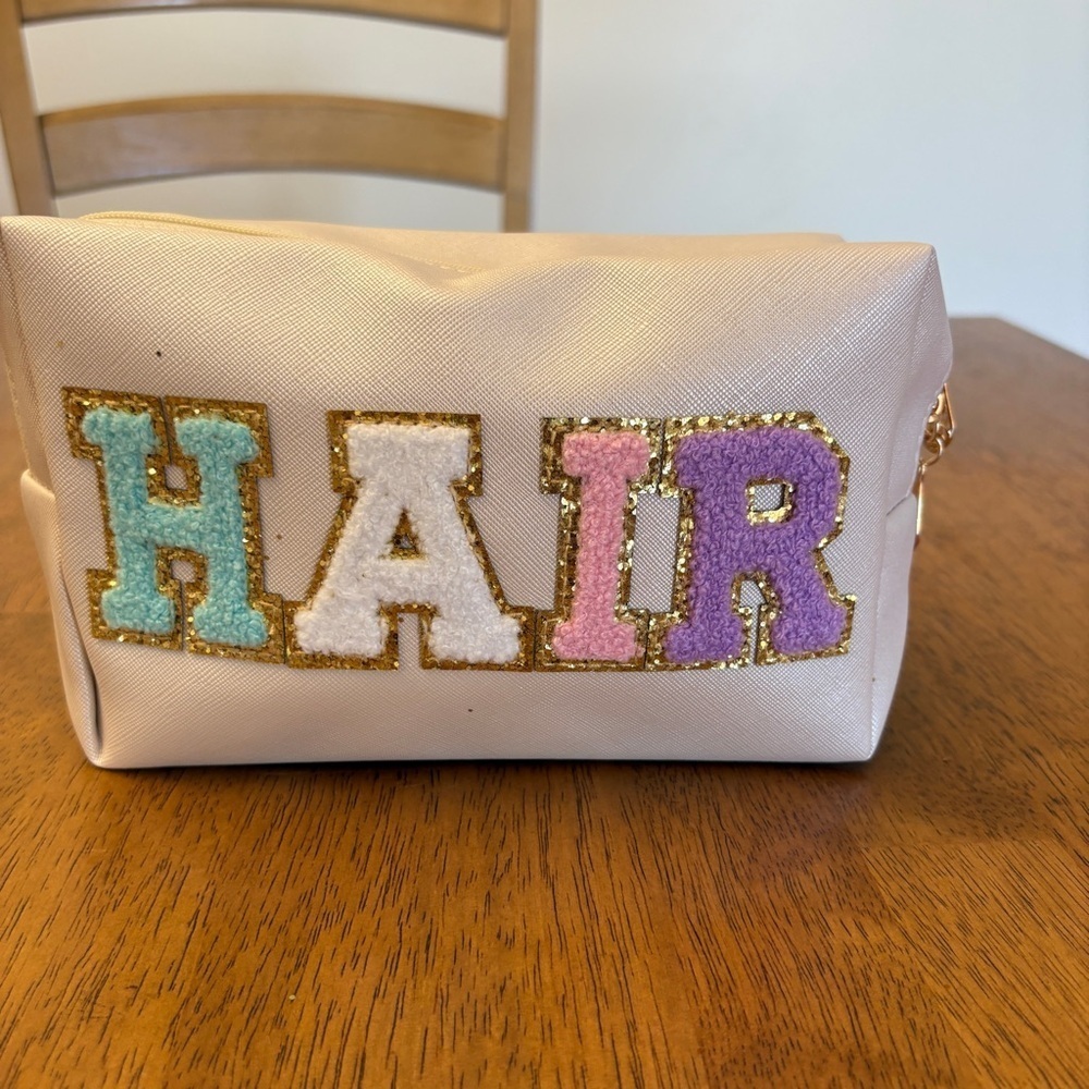 White Makeup bag with colourful letters patch “HAIR” New